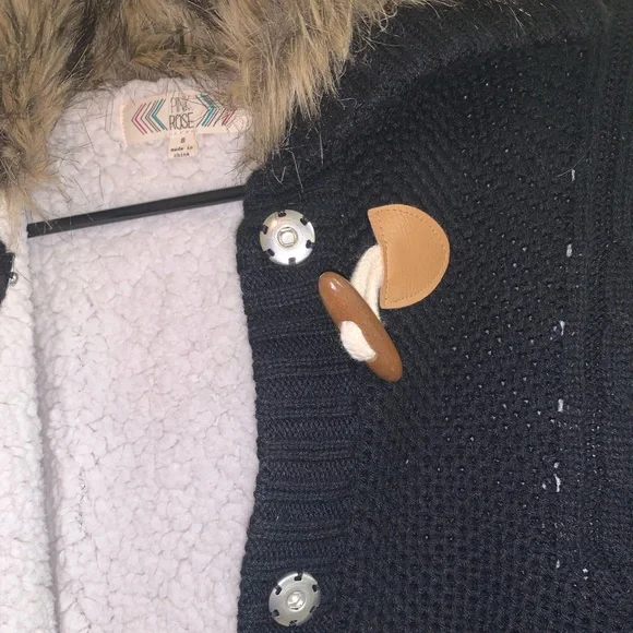 Pink Rose Women's  black and Brown Sweater Vest, Sherpa lined, Faux Fur Collar - Picture 4 of 6